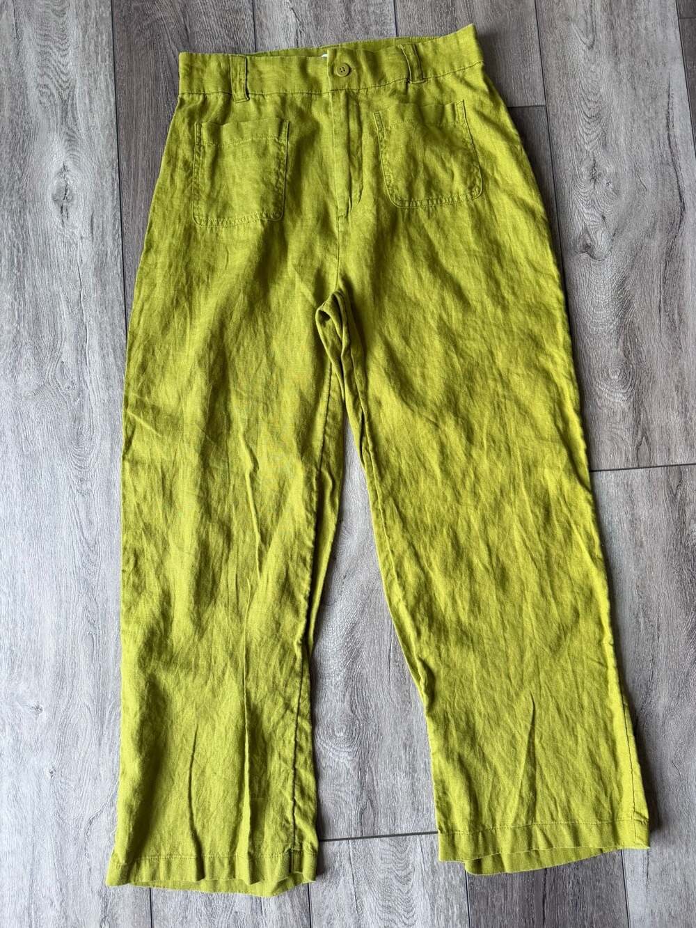 Nicole Miller New York 100% Linen Green Wide Leg Cropped Pants Size 8